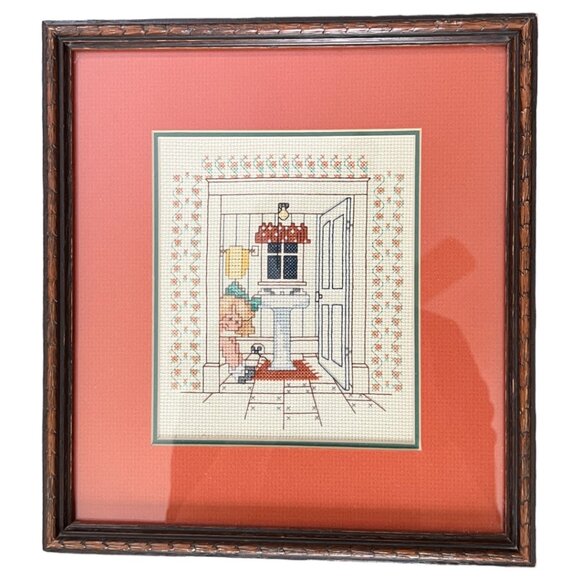 Framed Embroidery Little Girl on Toilet Double Mat Elegant & Humorous 11.25" T - Picture 7 of 14